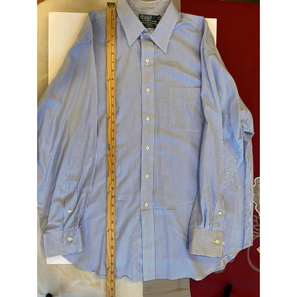 Polo Ralph Lauren Andrew Dress Shirt Mens 17.5 34/35 Blue White Striped Classic